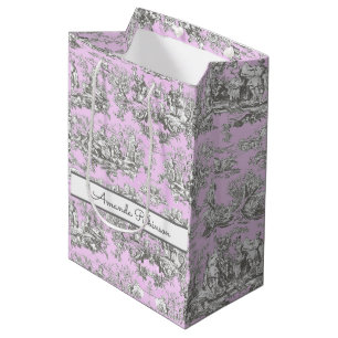 Vintage Pink Floral Toile de Jouy Initial Monogram Medium Gift Bag