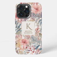 Vintage Pink Floral Watercolor Monogram Name