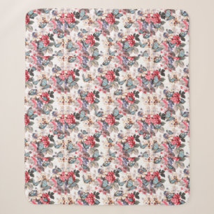 Vintage Pink flower blue butterfly pattern Sherpa Blanket