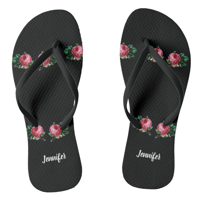 Vintage pink flower custom name black flip flops (Footbed)