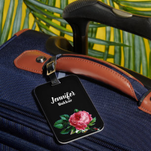 Vintage pink flower custom name black luggage tag