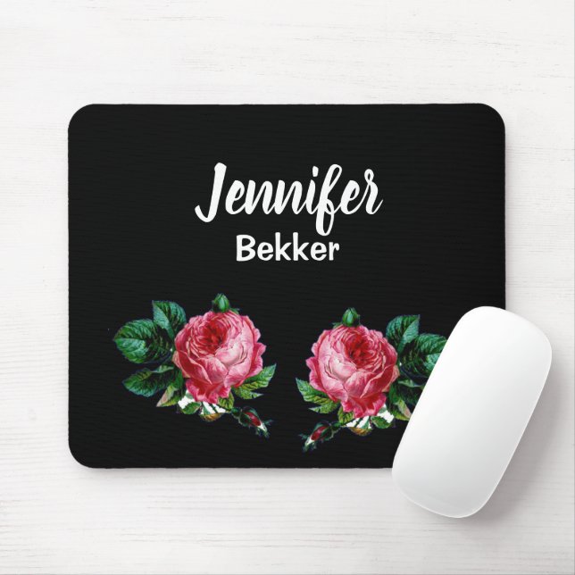 Vintage pink flower custom name black mouse mat (With Mouse)