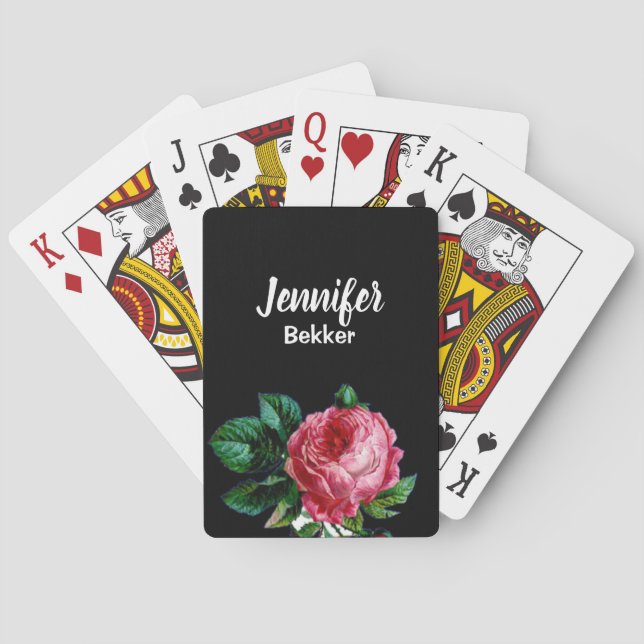 Vintage pink flower custom name black playing cards (Back)