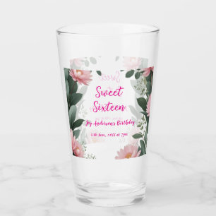 vintage pink flower green eucalyptus 16th birthday glass