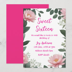 vintage pink flower green eucalyptus 16th birthday invitation