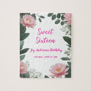 vintage pink flower green eucalyptus 16th birthday jigsaw puzzle