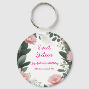 vintage pink flower green eucalyptus 16th birthday key ring