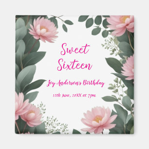 vintage pink flower green eucalyptus 16th birthday magnet