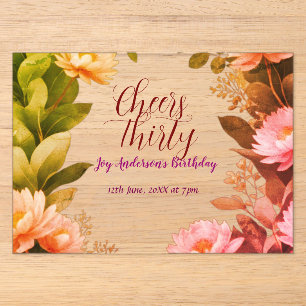 vintage pink flower green eucalyptus 30th birthday acrylic invitations