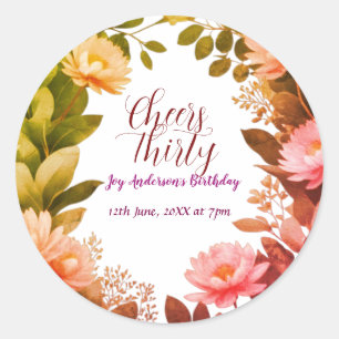 vintage pink flower green eucalyptus 30th birthday classic round sticker