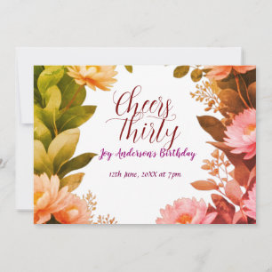 vintage pink flower green eucalyptus 30th birthday invitation
