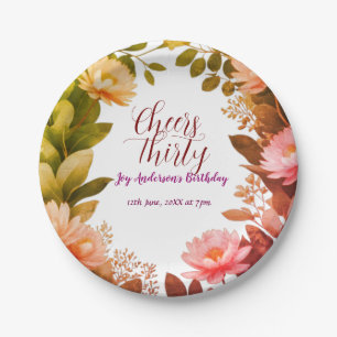 vintage pink flower green eucalyptus 30th birthday paper plate