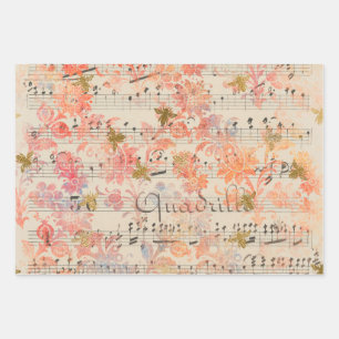 Vintage Pink Flower Music Honey Bee Wrapping Paper Sheet