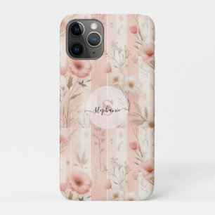 Vintage Pink Flower on Striped Pink Background (1) iPhone 11 Pro Case