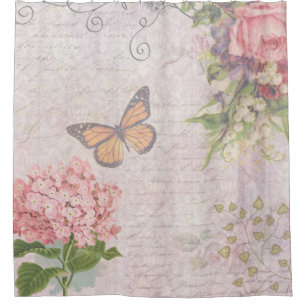 Vintage Pink flowers and butterfly Shower Curtain