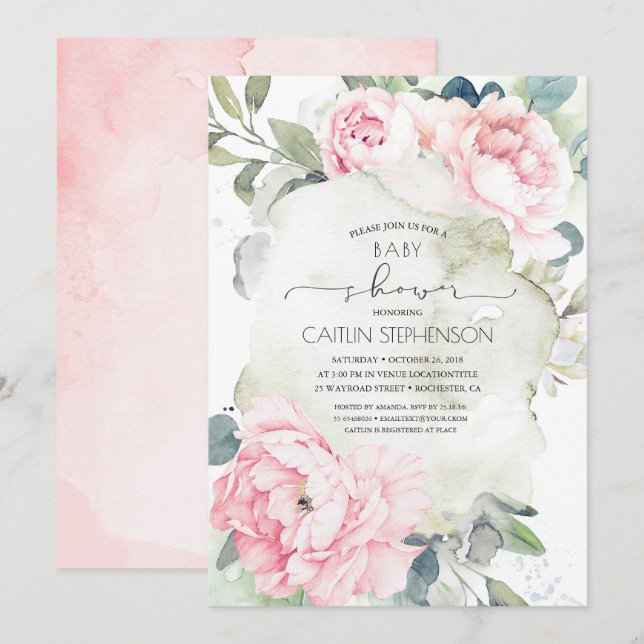 Vintage Pink Flowers and Greenery Baby Shower Invitation (Front/Back)
