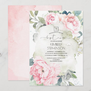 Vintage Pink Flowers and Greenery Baptism Invitation