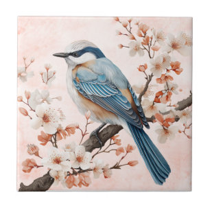 Vintage Pink Flowers Bird Flora & Fauna Art Tile