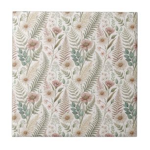 Vintage Pink Flowers & Botanical Ferns Pattern Art Tile