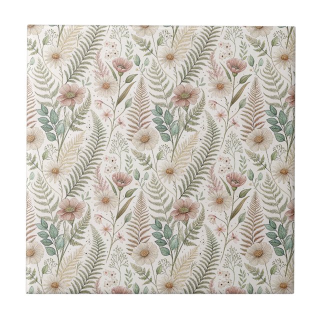 Vintage Pink Flowers & Botanical Ferns Pattern Art Tile (Front)