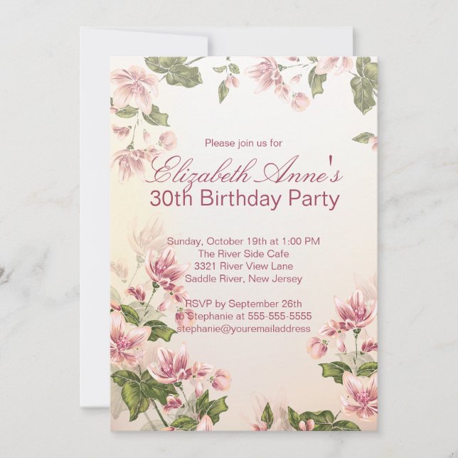 Vintage Pink Flowers Floral Birthday Party Invitation (Front)