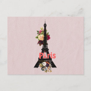 Vintage Pink Flowers French Paris Eiffel Tower Postcard