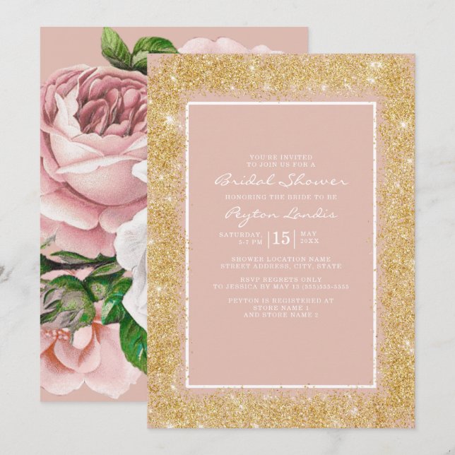 Vintage Pink Flowers Gold Glitter Bridal Shower Invitation (Front/Back)