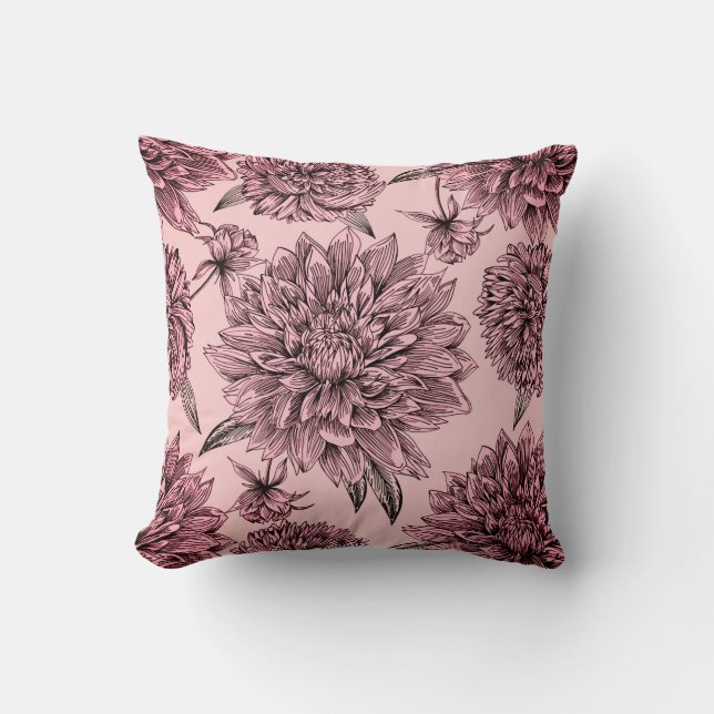 Vintage Pink Flowers Illustrated Pattern Cushion (Front)