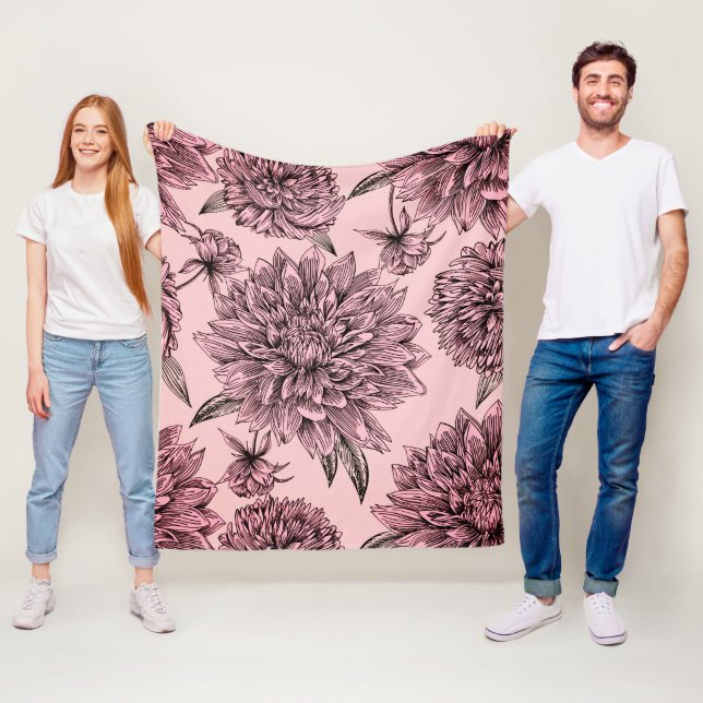 Vintage Pink Flowers Illustrated Pattern Fleece Blanket (In Situ)