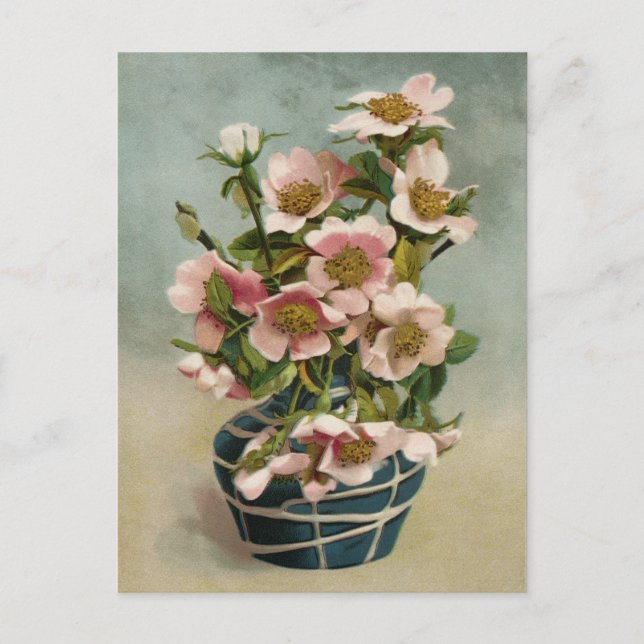 Vintage Pink Flowers in Blue Vase Postcard (Front)