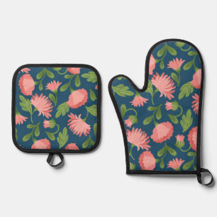 Vintage Pink Flowers on Dark Blue BG Oven Mitt & Pot Holder Set