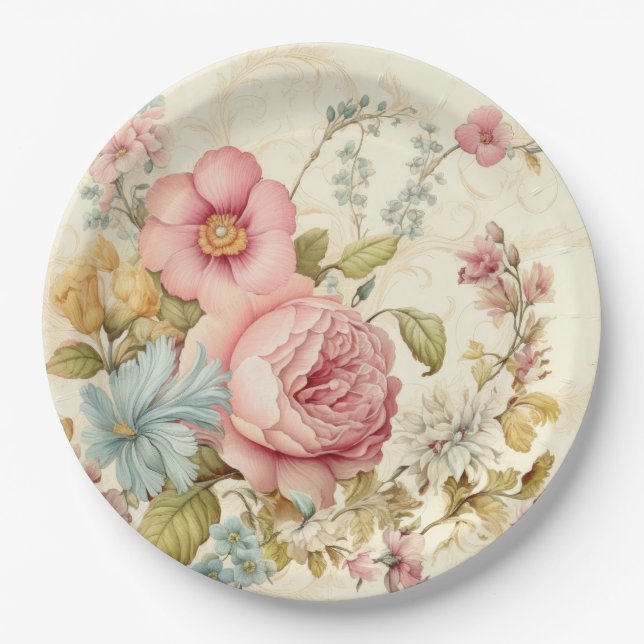 Vintage Pink Flowers Paper Plate (Front)