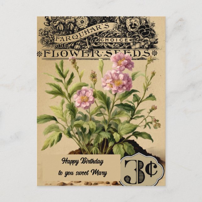 Vintage Pink Flowers Three cents  Birthday Postcard (Front)
