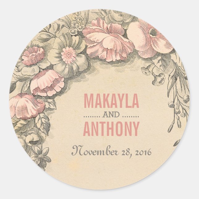 vintage pink flowers wedding stickers (Front)