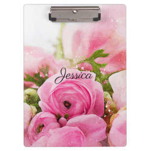 Vintage Pink Flowers with Your Name Clipboard