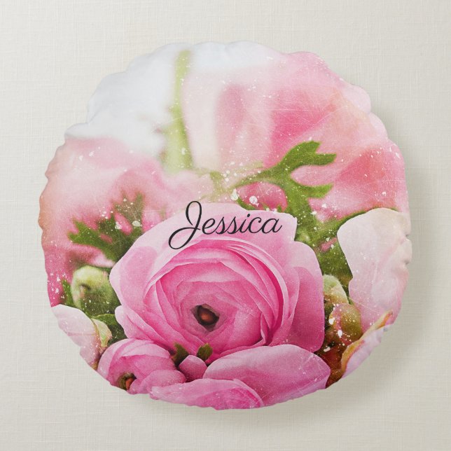 Vintage Pink Flowers with Your Name Round Cushion (Front)