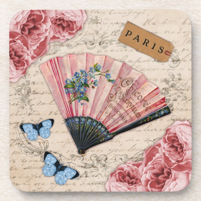 Vintage Pink French Fan Coaster (Front)