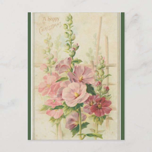 Vintage Pink Garden Flowers Christmas Postcard (Front)