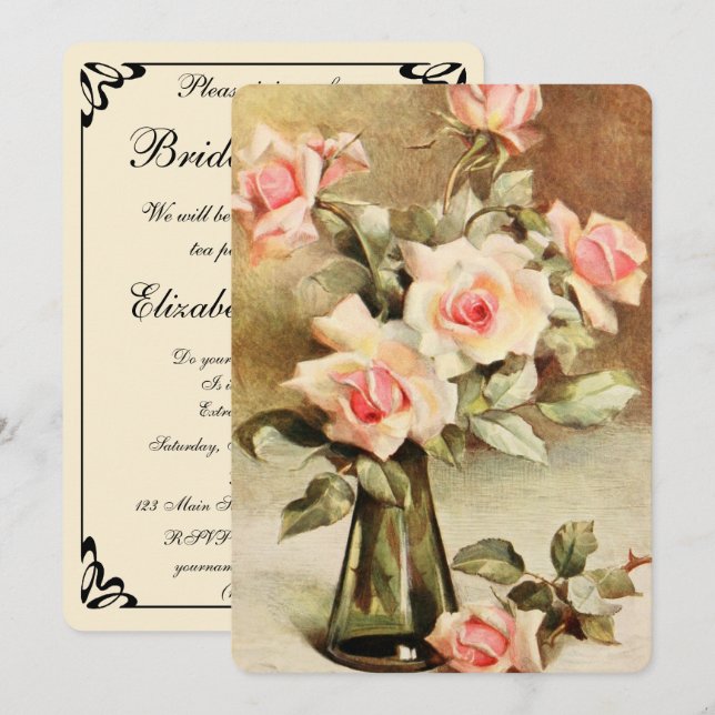 Vintage Pink Garden Roses Bridal Shower Party Invitation (Front/Back)