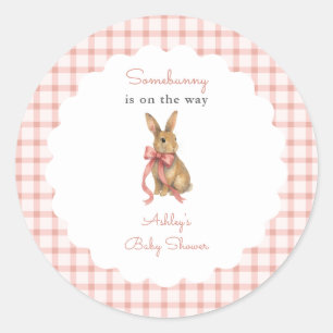 Vintage Pink Gingham Bunny Girl Baby Shower Classic Round Sticker