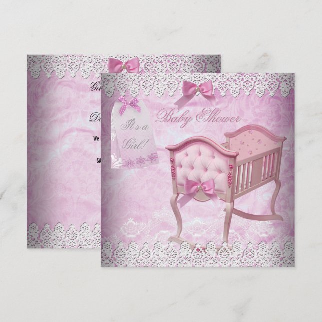 Vintage Pink Girl Baby Shower Lace Crib Invitation (Front/Back)