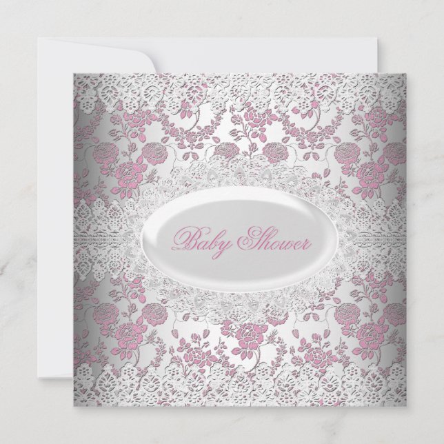 Vintage Pink Girl Baby Shower Lace Damask Invitation (Front)