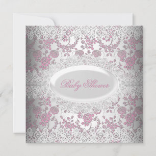 Vintage Pink Girl Baby Shower Lace Damask Invitation