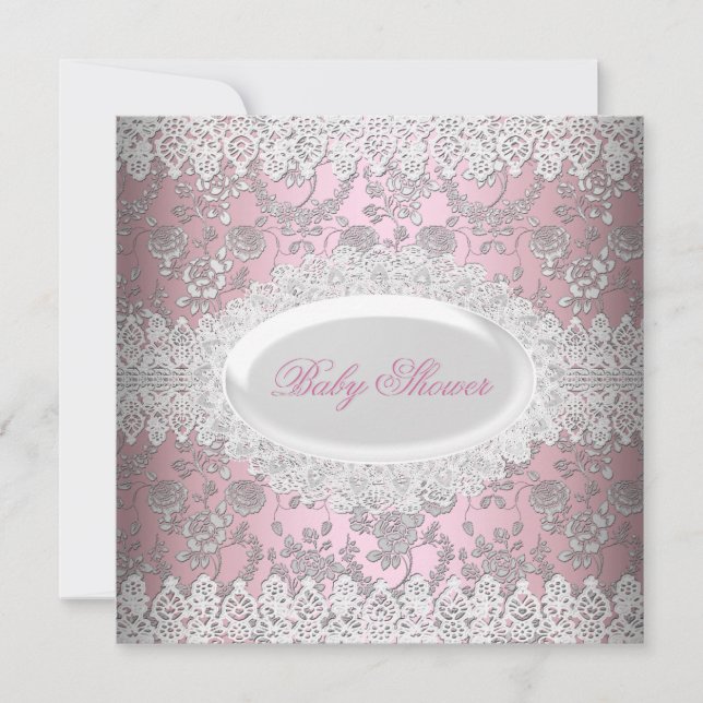 Vintage Pink Girl Baby Shower Lace Damask Invitation (Front)