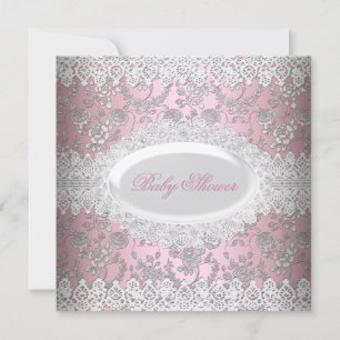 Vintage Pink Girl Baby Shower Lace Damask Invitation