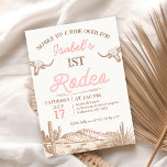 Vintage Pink Girls First Rodeo 1st Birthday Invitation<br><div class="desc">Vintage Pink Girls First Rodeo 1st Birthday Invitation

Girl's vintage first birthday rodeo invitation featuring two longhorn cows,  a desert scene and rope style text.  The age is editable making this rodeo themed birthday invitation suitable for any age.</div>
