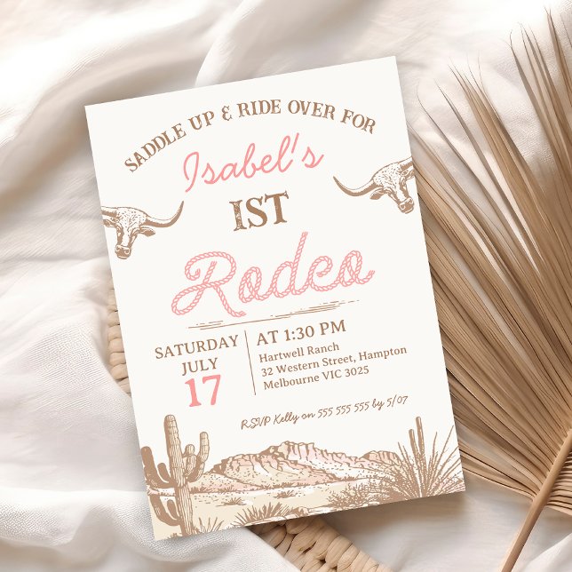 Vintage Pink Girls First Rodeo 1st Birthday Invitation (Vintage First Rodeo 1st Birthday Invitation Girls, 1st Rodeo Birthday Invite, Any Age, Longhorn Cow)