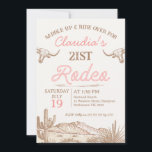 Vintage Pink Girls First Rodeo 21st Birthday Invitation<br><div class="desc">Vintage Pink Girls First Rodeo 21st Birthday Invitation

Girl's vintage twenty first birthday rodeo invitation featuring two longhorn cows,  a desert scene and rope style text.  The age is editable making this rodeo themed birthday invitation suitable for any age.</div>