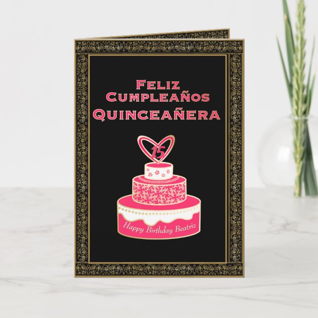 Vintage Pink Gold Birthday Cake Quinceañera Card (Front)
