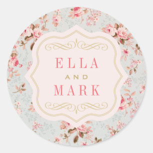 Vintage Pink Gold Floral Garden Monogram Classic Round Sticker